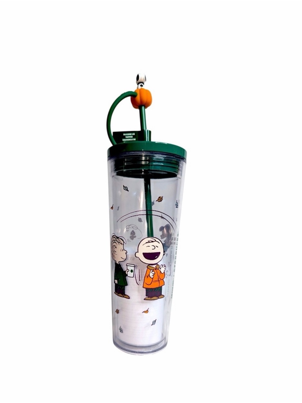 Starbucks Peanuts Clear Tumbler with Green Lid and Straw Featuring Snoopy topper